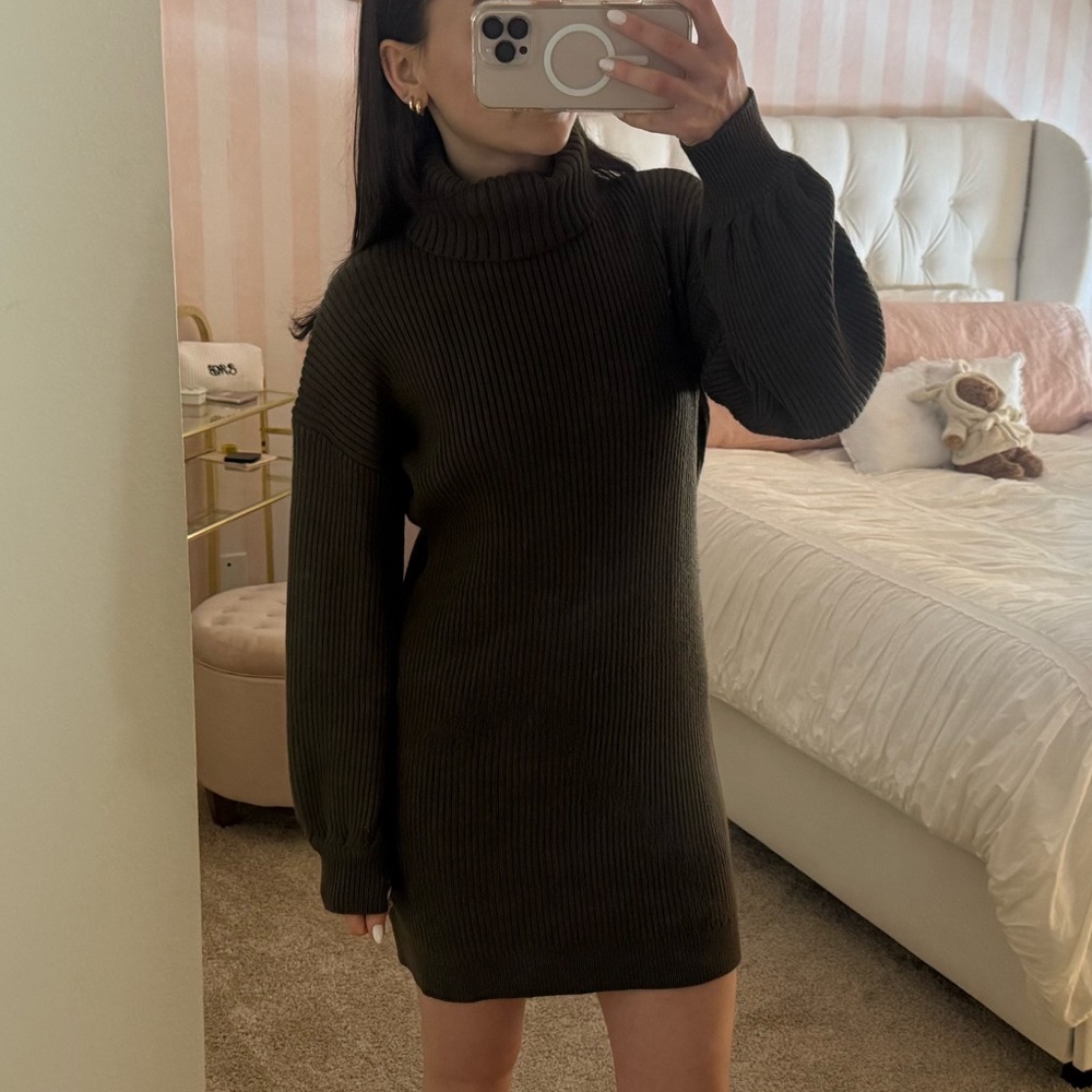 All In Favor Green Turtleneck Sweater Dress
